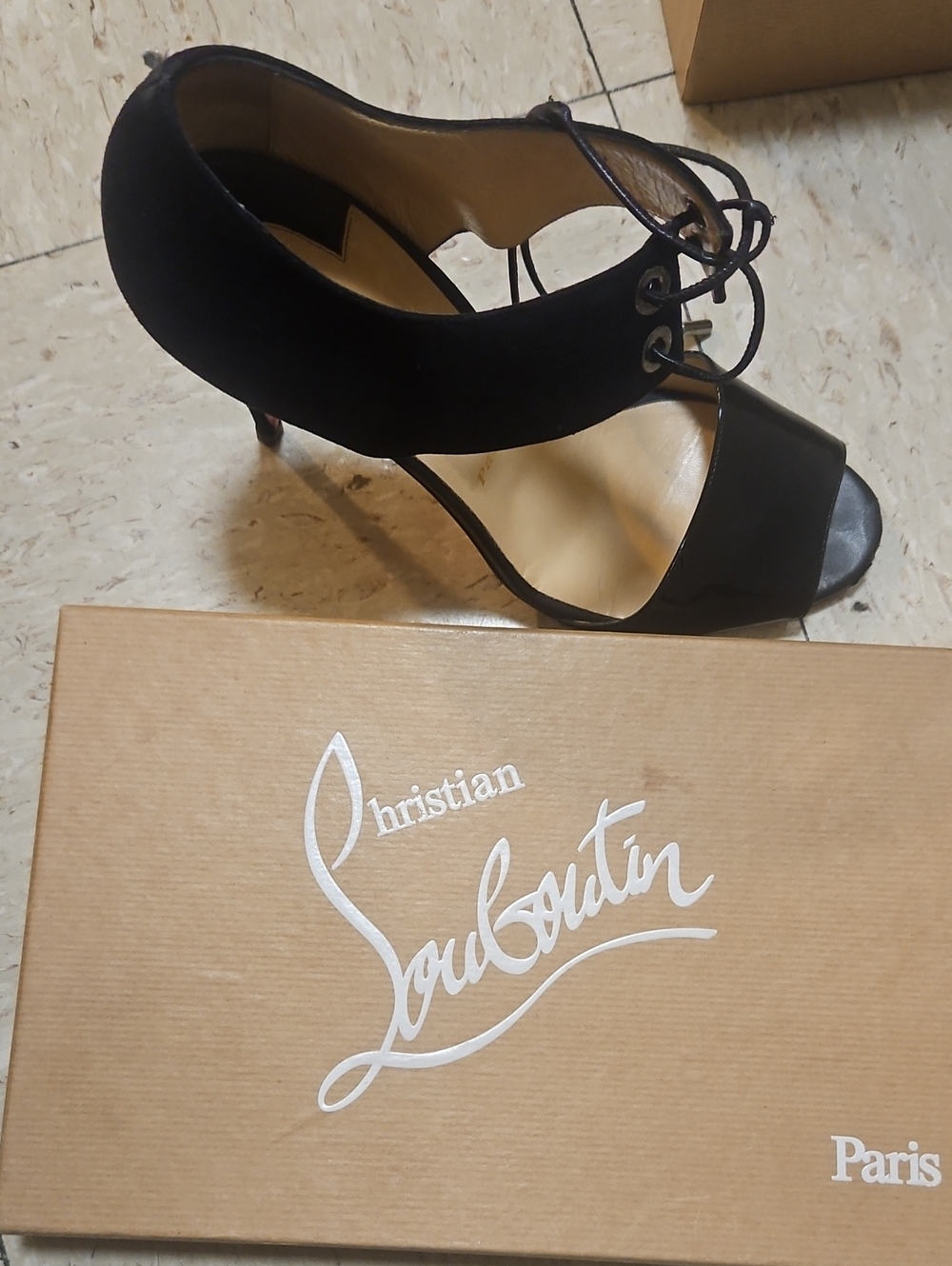 Christian Louboutin Black Lace-Up Open-Toe Heel